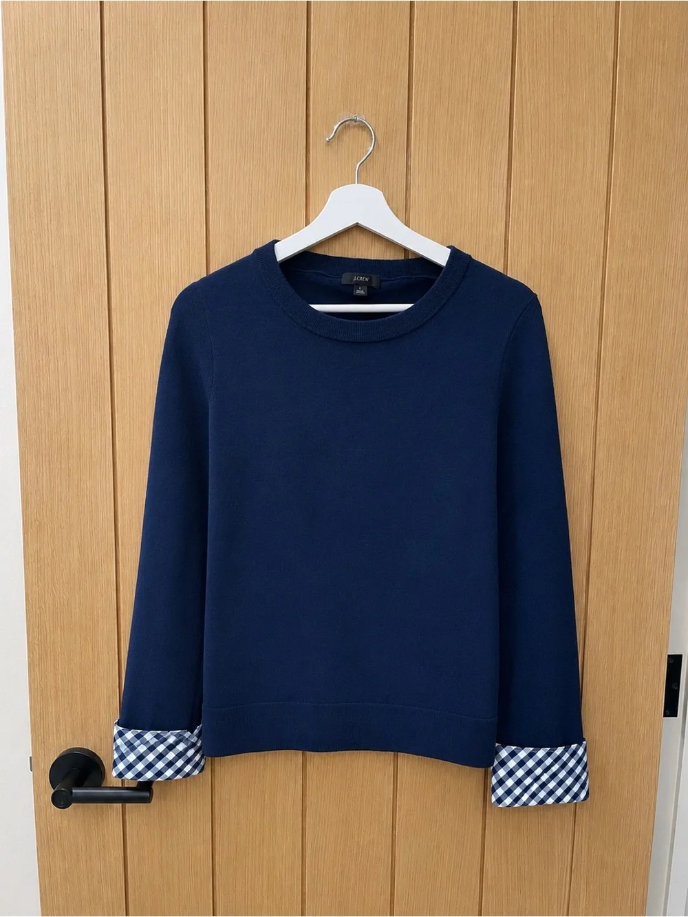 J. Crew Navy Crewneck Sweater with Gingham Cuffs Size L